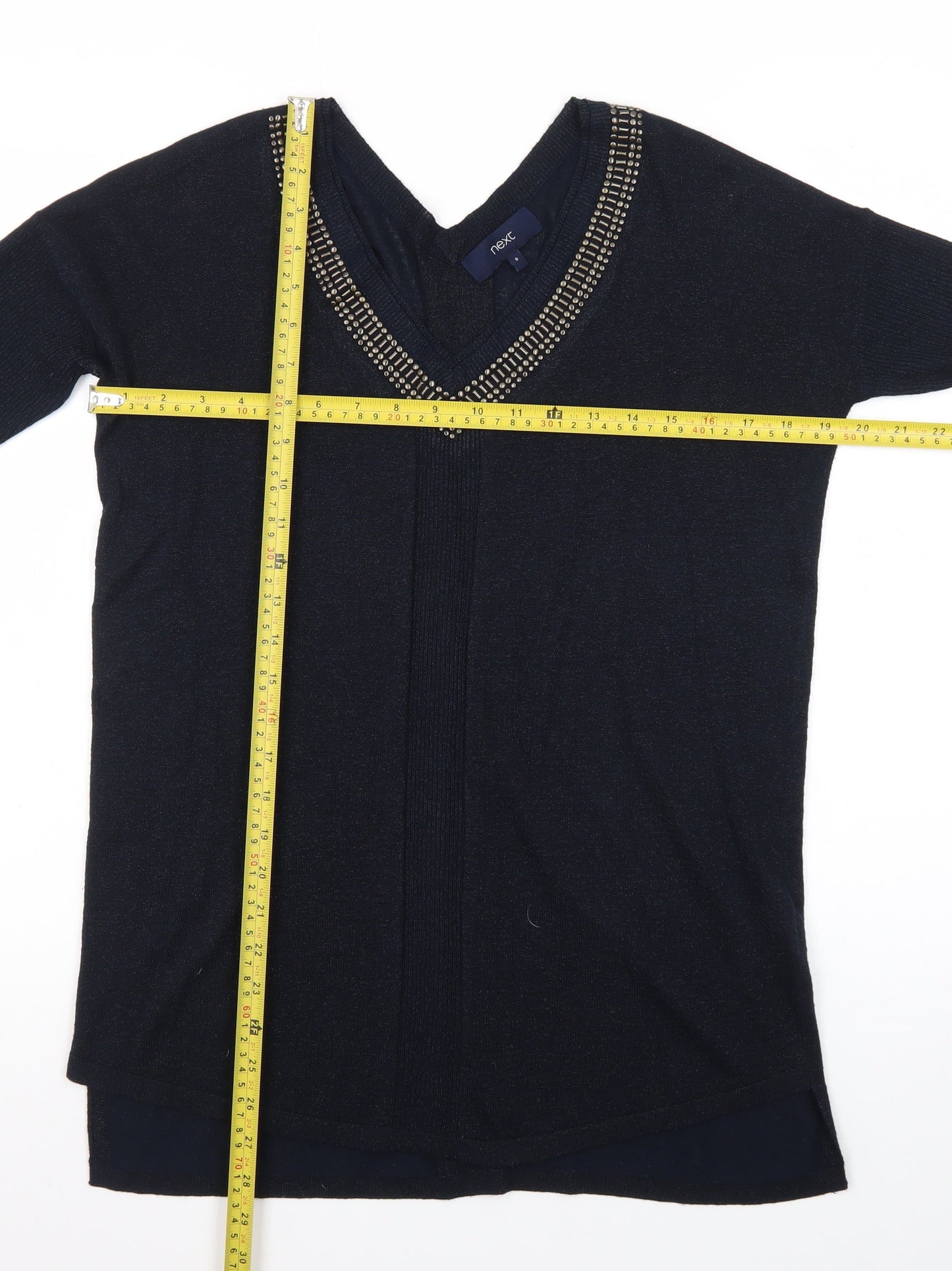 Next Womens Black Beaded V-Neck Long Sleeve Knit Jumper Size 8
