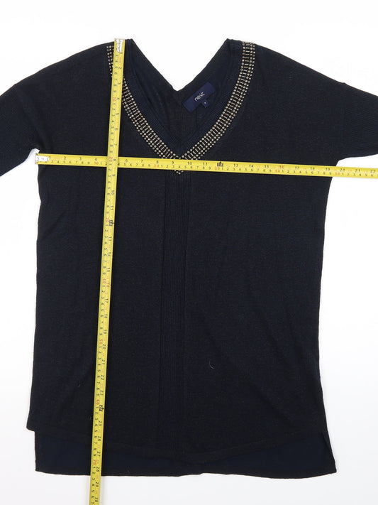 Next Womens Black Beaded V-Neck Long Sleeve Knit Jumper Size 8