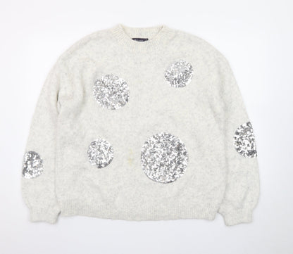 Marks and Spencer Women Silver Sequin Cream Jumper Size M Wool Blend