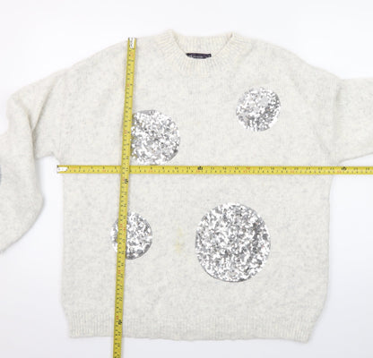 Marks and Spencer Women Silver Sequin Cream Jumper Size M Wool Blend