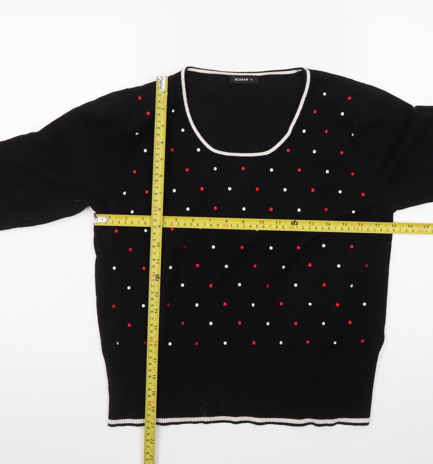 Roman Women’s Black Polka Dot Beaded Pullover Jumper Size 16