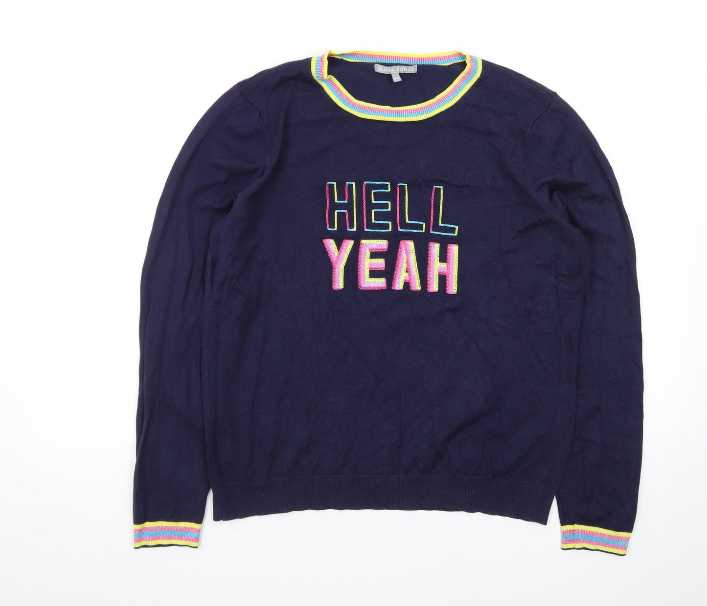Oliver Bonas Women Navy Blue Jumper Size 14 Crew Neck Embroidered Hell Yeah Knit
