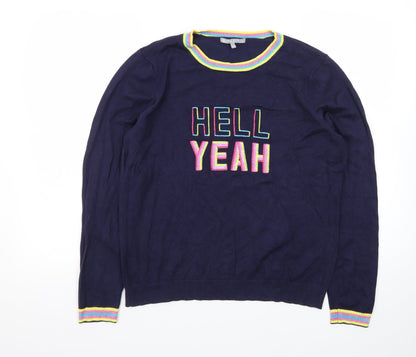 Oliver Bonas Women Navy Blue Jumper Size 14 Crew Neck Embroidered Hell Yeah Knit