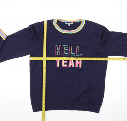Oliver Bonas Women Navy Blue Jumper Size 14 Crew Neck Embroidered Hell Yeah Knit