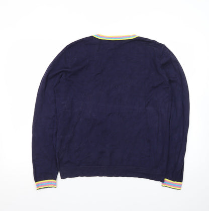 Oliver Bonas Women Navy Blue Jumper Size 14 Crew Neck Embroidered Hell Yeah Knit