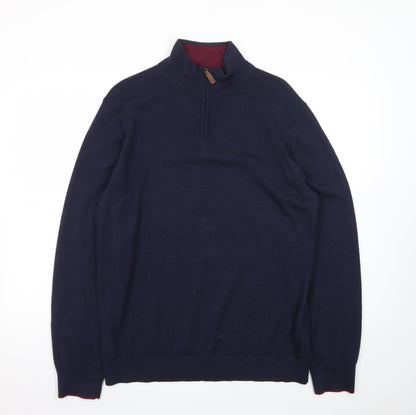 White Stuff Men’s Blue Wool Half Zip Jumper XL High Neck Knit
