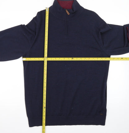 White Stuff Men’s Blue Wool Half Zip Jumper XL High Neck Knit