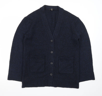 Uniqlo Women Blue Wool Blend V-Neck Button Cardigan M