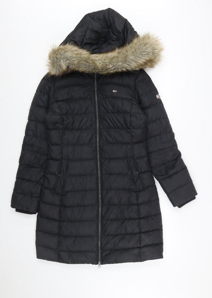 Tommy Jeans Women’s Black Long Puffer Coat Hooded Faux Fur Trim Size S