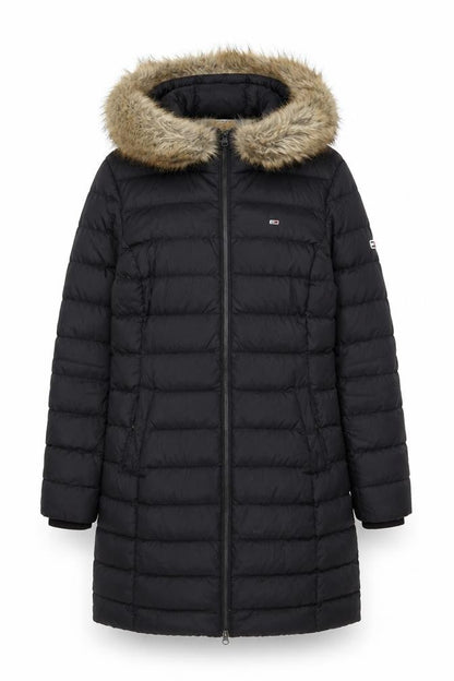 Tommy Jeans Women’s Black Long Puffer Coat Hooded Faux Fur Trim Size S