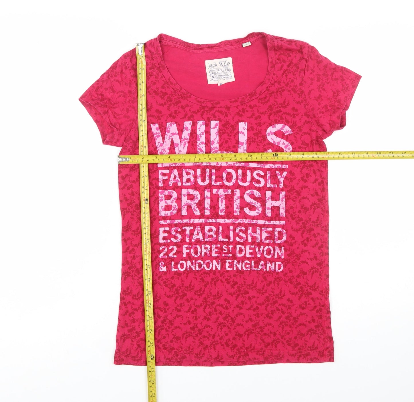 Jack Wills Women's Pink Floral Crew Neck Cotton T-Shirt Size 6