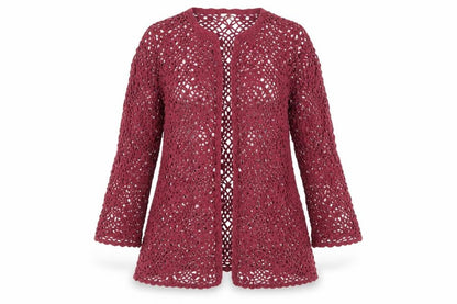 J.Jill Women Red Crochet Open Knit 3/4 Sleeve Cardigan L