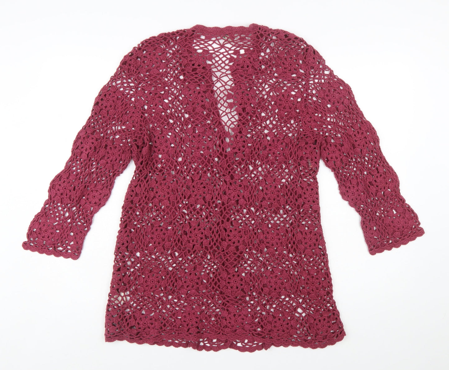 J.Jill Women Red Crochet Open Knit 3/4 Sleeve Cardigan L