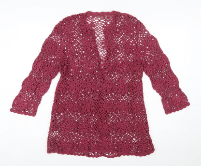 J.Jill Women Red Crochet Open Knit 3/4 Sleeve Cardigan L