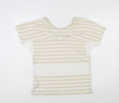 Adidas Womens Beige Striped V-Neck Cotton T-Shirt Size 10