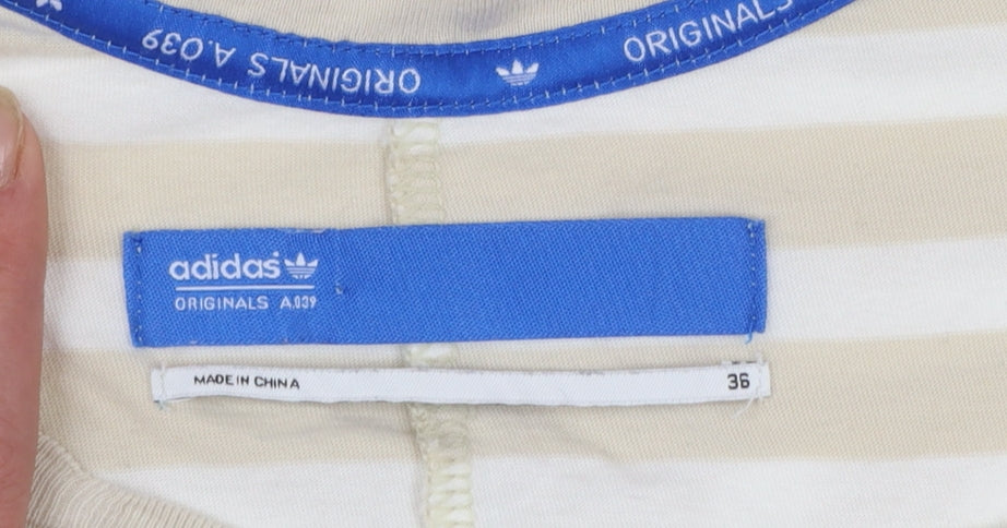 Adidas Womens Beige Striped V-Neck Cotton T-Shirt Size 10