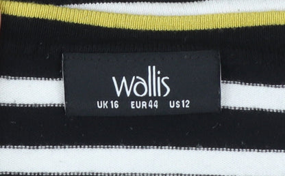 Wallis Women's Black Striped Button Shoulder Boat Neck Jumper Size 16