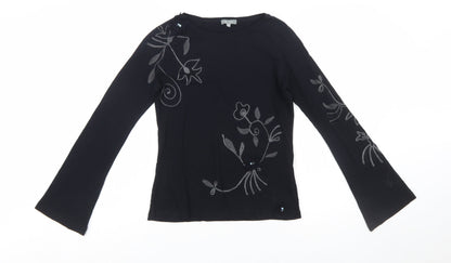 Marks and Spencer Per Una Women Black Embroidered Cotton Long Sleeve Top Size 12