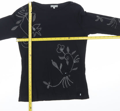 Marks and Spencer Per Una Women Black Embroidered Cotton Long Sleeve Top Size 12