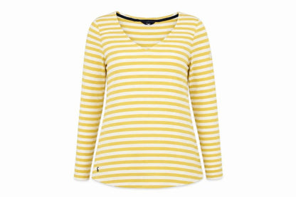 Joules Women Yellow White Striped Cotton Long Sleeve V-Neck Top UK 12