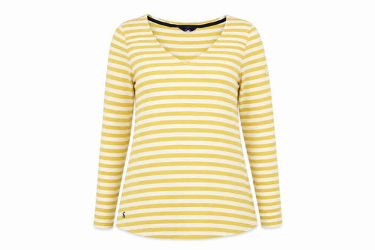 Joules Women Yellow White Striped Cotton Long Sleeve V-Neck Top UK 12