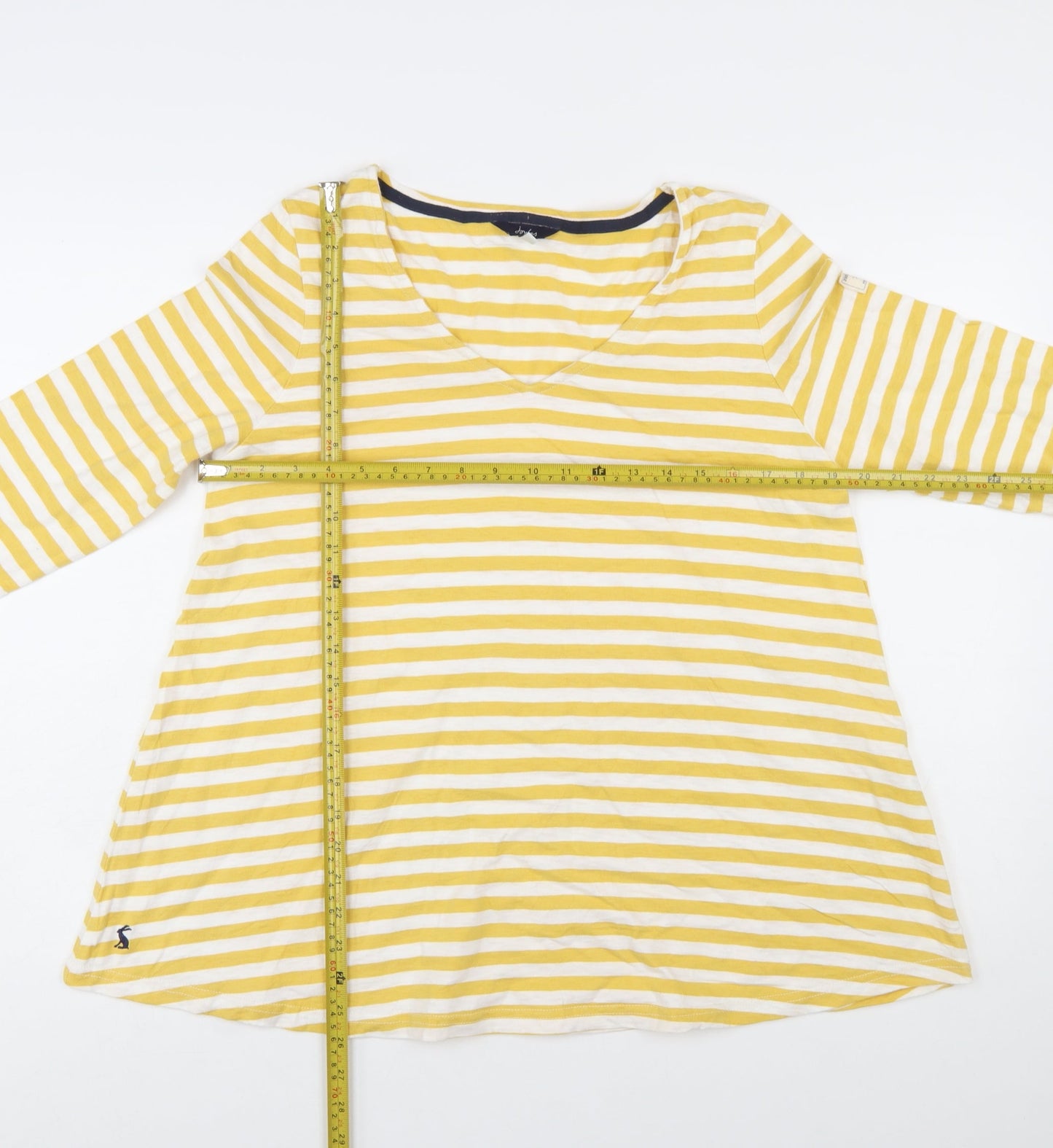Joules Women Yellow White Striped Cotton Long Sleeve V-Neck Top UK 12