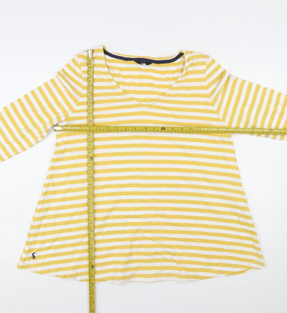 Joules Women Yellow White Striped Cotton Long Sleeve V-Neck Top UK 12