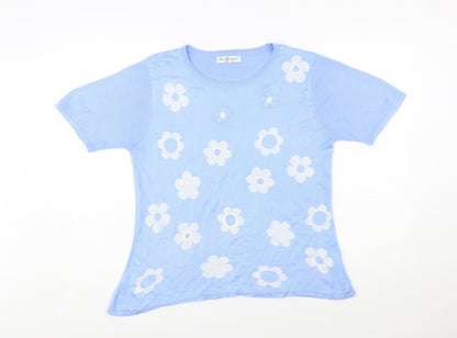 Mudflower Women Blue Floral Knit Short Sleeve Pullover Jumper S