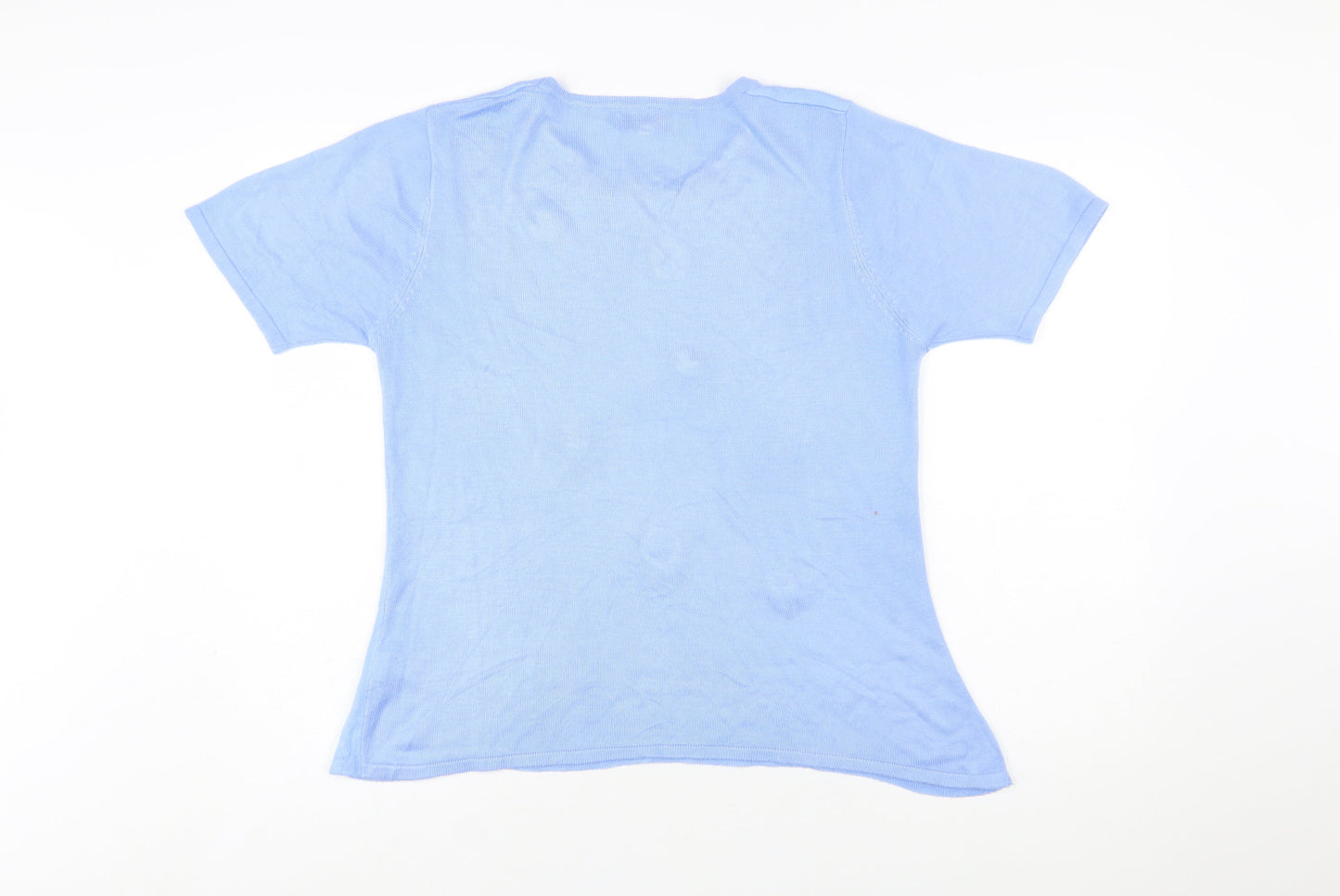 Mudflower Women Blue Floral Knit Short Sleeve Pullover Jumper S