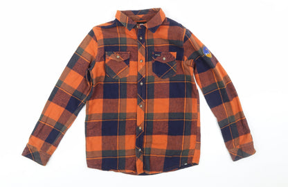 Animal Boys Orange Navy Check Flannel Long Sleeve Button-Up Shirt 11-12 Years