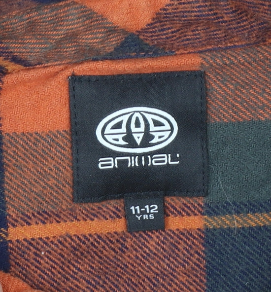 Animal Boys Orange Navy Check Flannel Long Sleeve Button-Up Shirt 11-12 Years