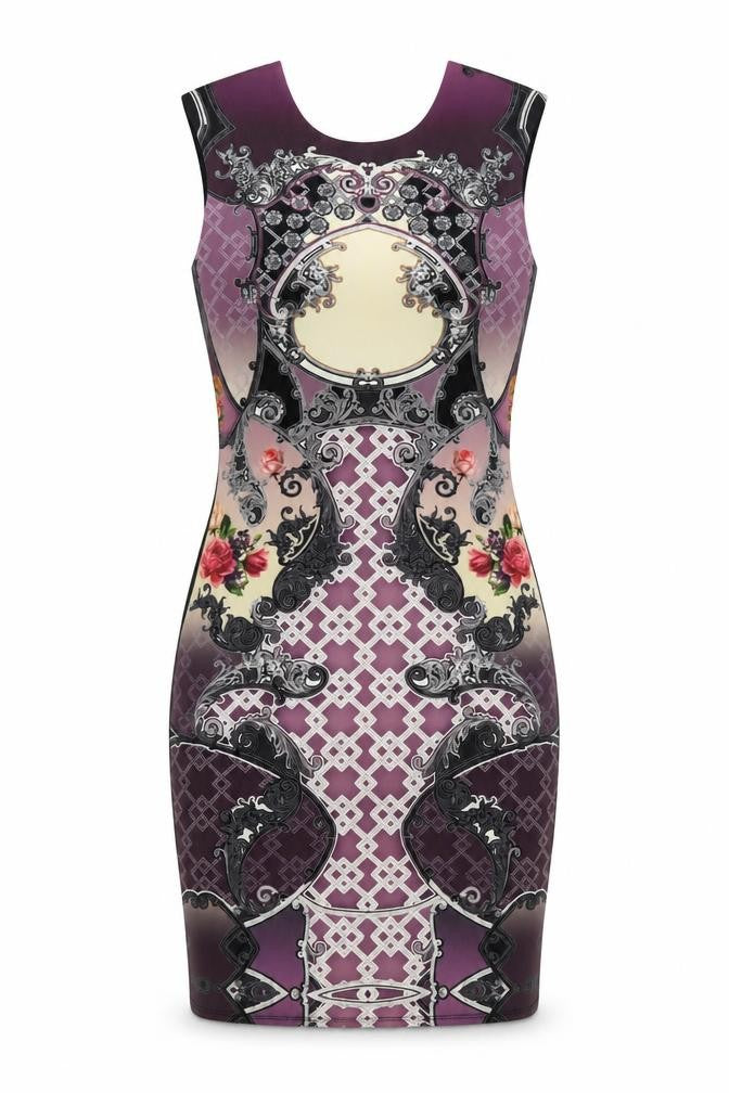 Front view of Miss Selfridge Women Purple Bodycon Dress, size 8, Baroque Print Zip Back