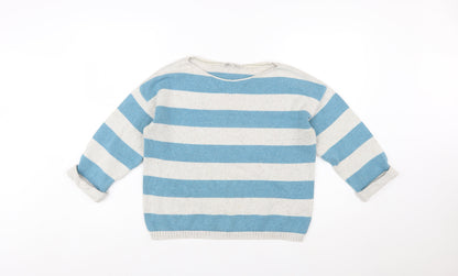Fat Face Women Blue Striped Cotton Jumper Size 14 Boat Neck