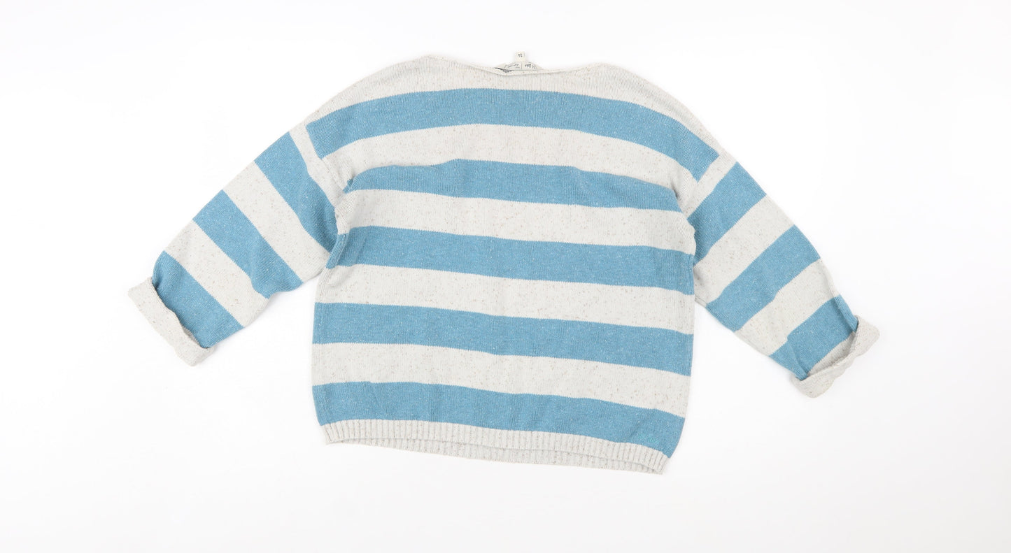 Fat Face Women Blue Striped Cotton Jumper Size 14 Boat Neck