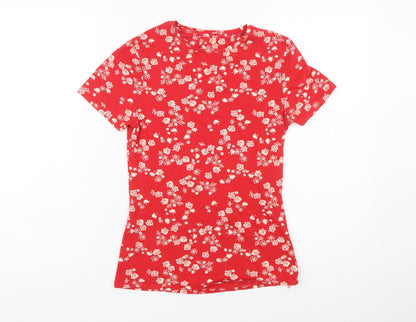 Marks and Spencer Women Red Floral Short Sleeve Cotton T-Shirt Size 8