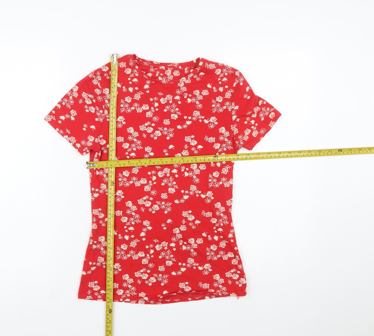 Marks and Spencer Women Red Floral Short Sleeve Cotton T-Shirt Size 8