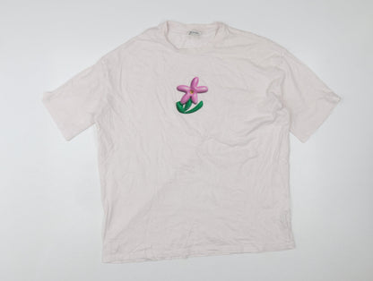 Monki Womens Pink Floral Embroidered Cotton T-Shirt Size S