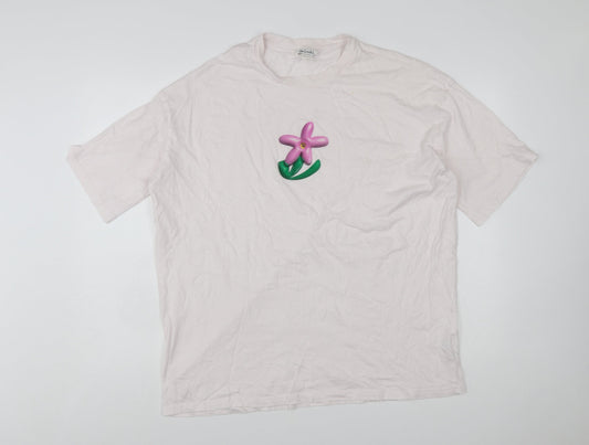Monki Womens Pink Floral Embroidered Cotton T-Shirt Size S