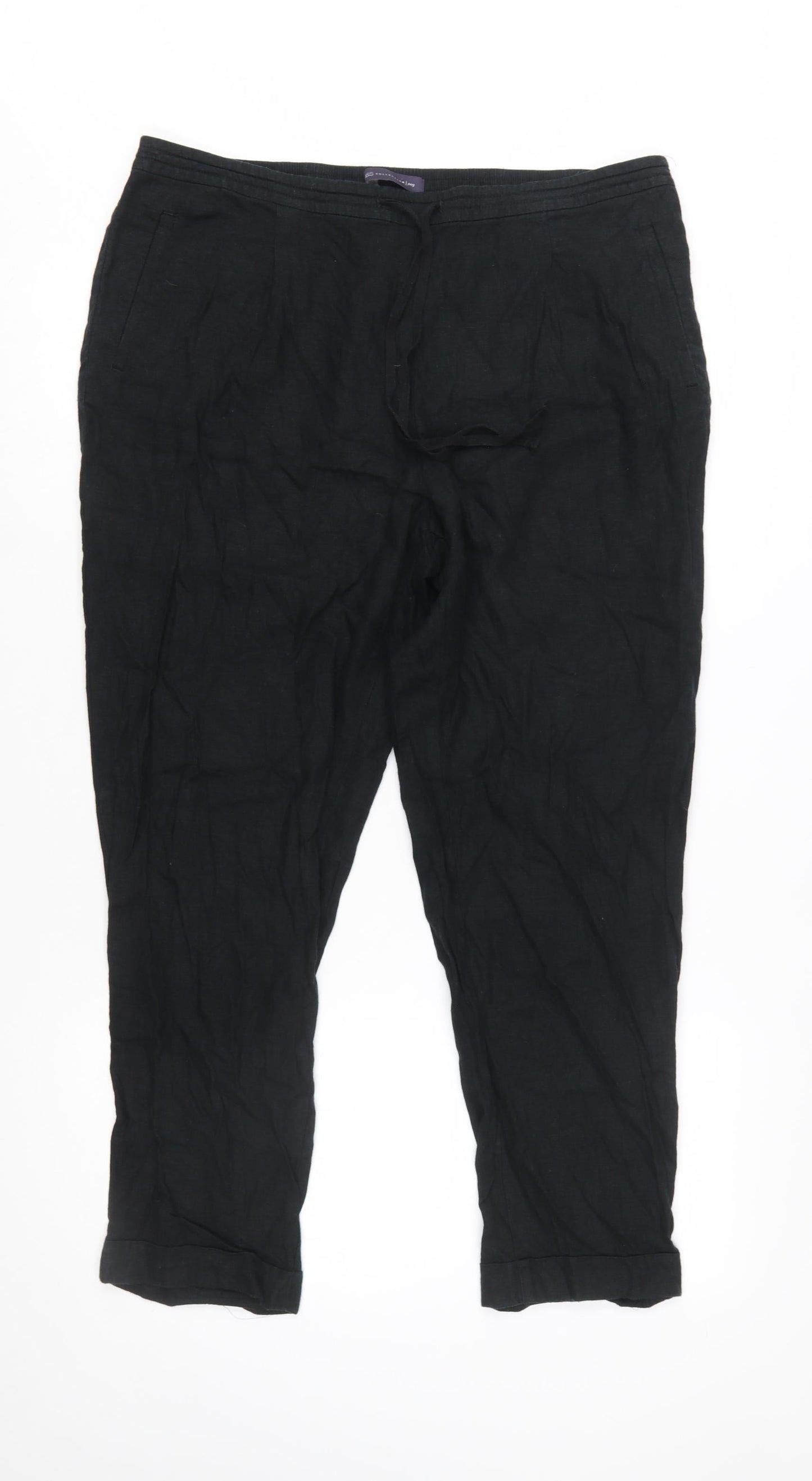 Marks and Spencer Womens Black Linen Blend Cropped Trousers Size 16