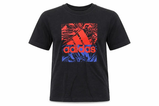 Front view of Adidas boys’ black graphic logo t-shirt 11-12 years cotton sports tee