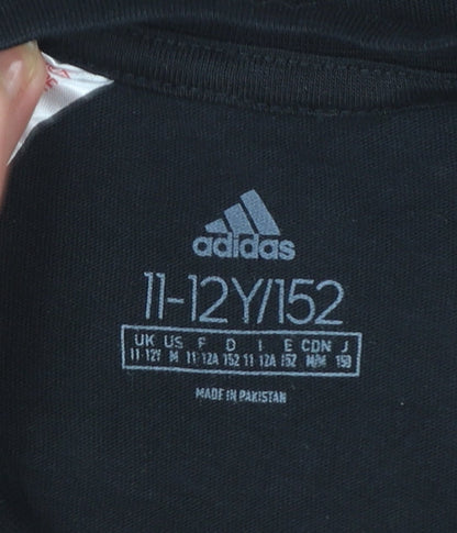 Adidas Boys Black Graphic Logo T-Shirt 11-12 Years Cotton Sports Tee