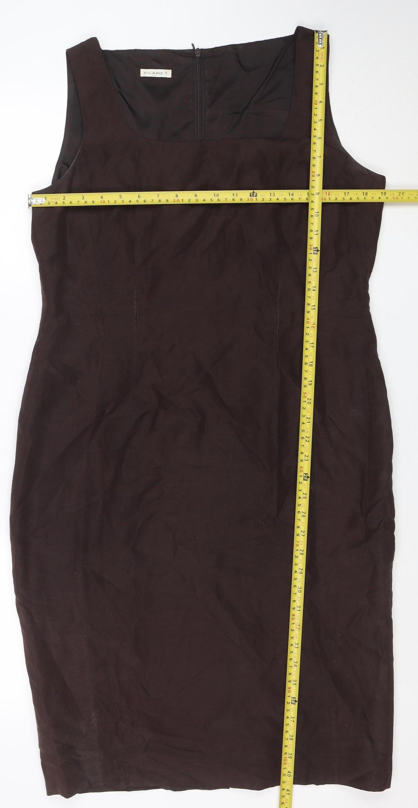 Planet Women Brown Silk Linen Sheath Dress Size 14 Sleeveless Workwear