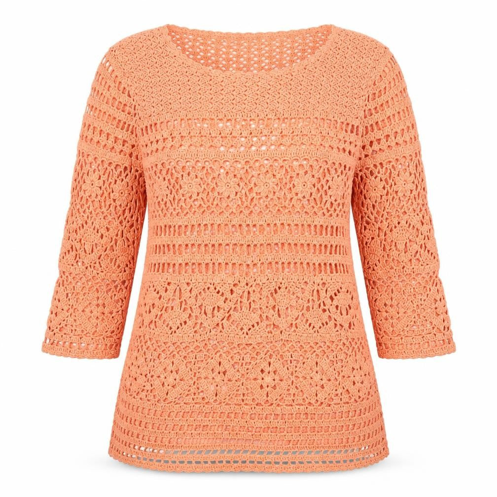 CP Womens Orange Crochet Cotton 3/4 Sleeve Pullover Jumper Size L