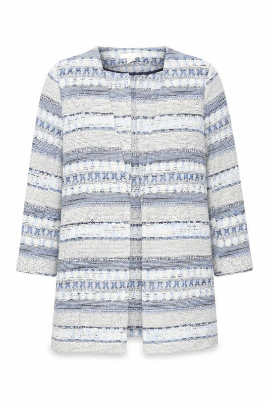 H&M Women Blue Striped Tweed Blazer Jacket M Mid-Length 3/4 Sleeve