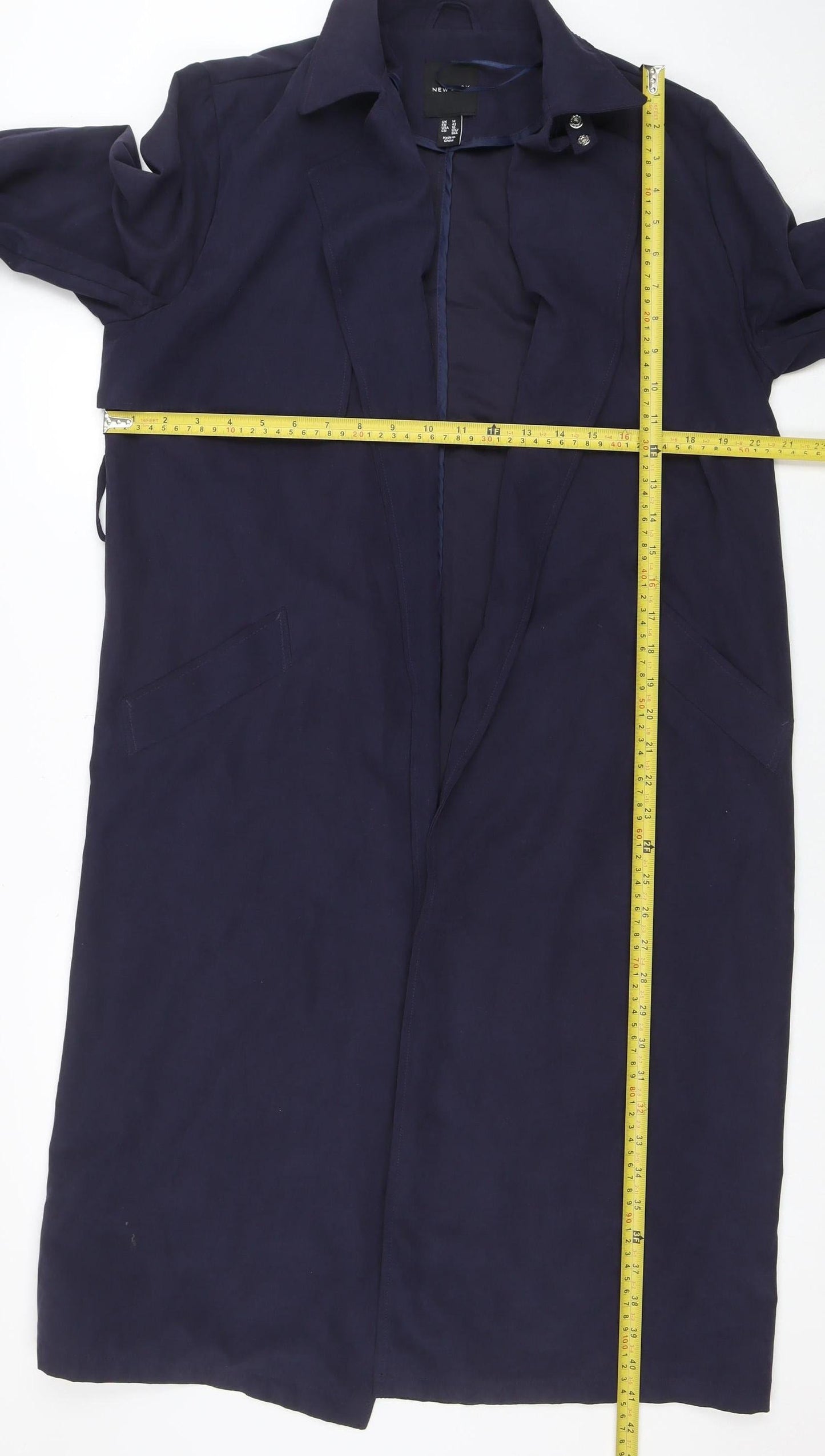 New Look Women Blue Long Trench Coat Size 14 Belted Classic Style