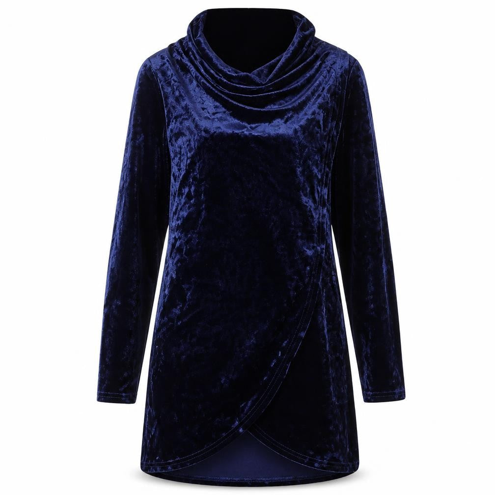 Front view of Roman Women Blue, size 10, Velvet Cowl Neck Long Sleeve Shift Dress
