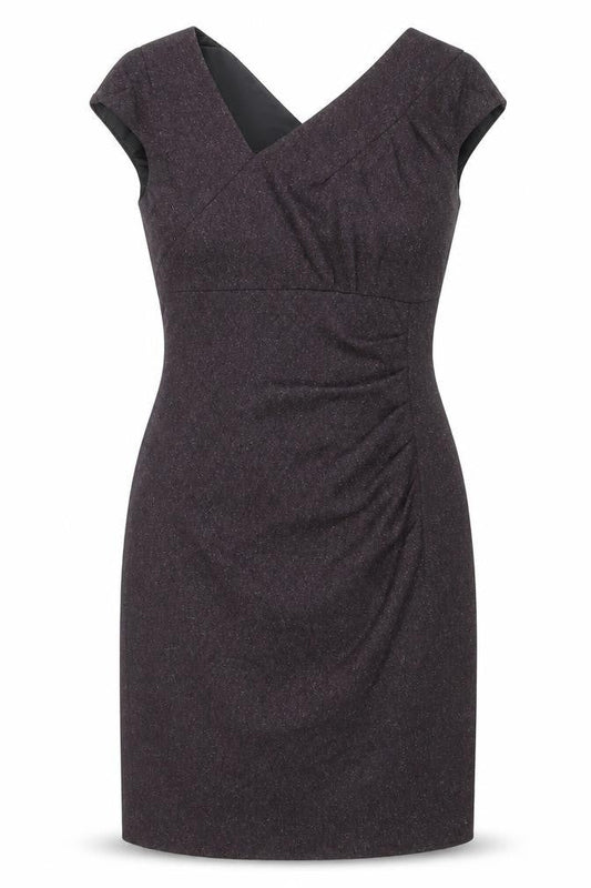 Front view of L.K. Bennett Women's Brown Wool Blend Ruched Sheath Dress, size 6