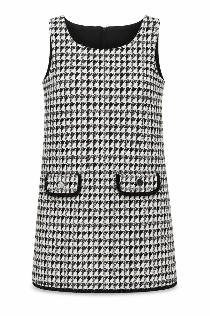 Front view of Dorothy Perkins Women’s Black Houndstooth Tweed Pinafore Dress, size UK 12