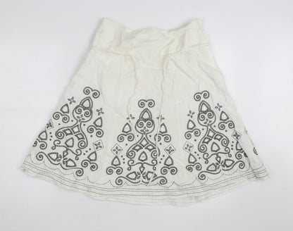 Next Women Ivory Linen Blend A-Line Embroidered Knee Length Skirt Size 12