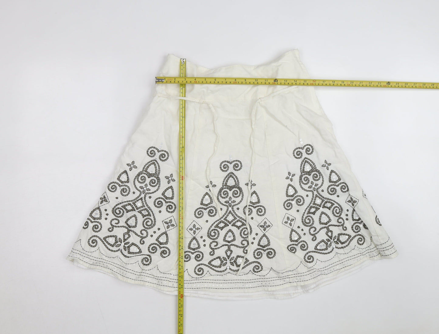 Next Women Ivory Linen Blend A-Line Embroidered Knee Length Skirt Size 12